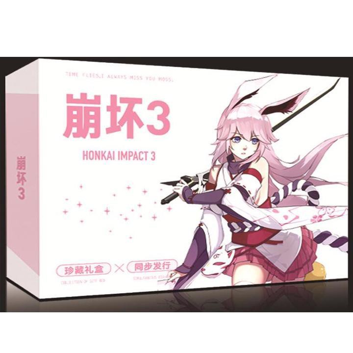 (new) (80) Hộp quà tặng anime Honkai Impact 3 bìa hồng có poster postcard bookmark banner huy hiệu