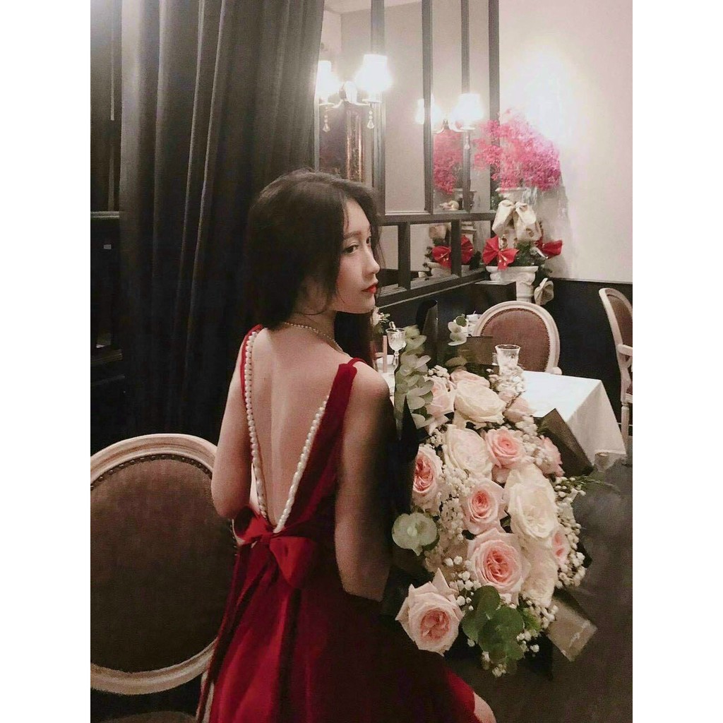 Đầm đỏ lưng đính ngọc H3143 (+hình thật)