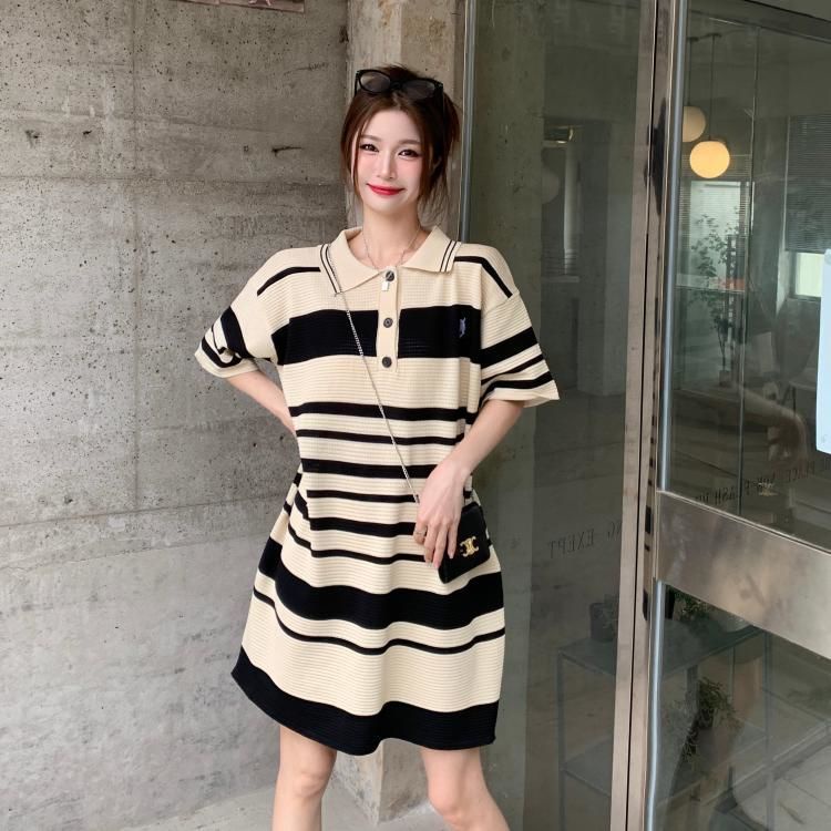 Đầm dệt kim RENJIANVSHENG 175893 dáng rộng cổ polo kẻ sọc ngang thời trang retro