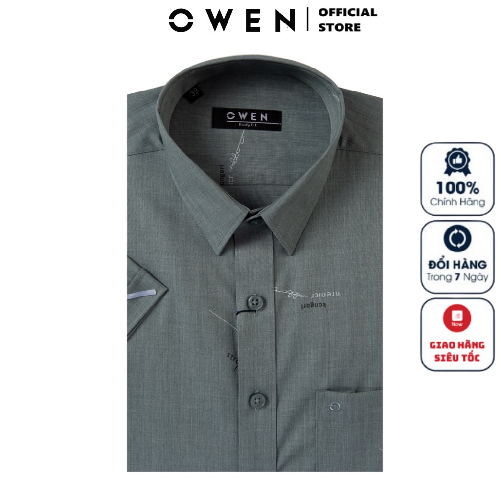 Áo Sơ Mi Nam Ngắn Tay OWEN BA220032NT Somi Công Sở Cao Cấp Màu Rêu In Chữ Trắng Vải Polyester Dáng Suông Tà Bằng Có Túi