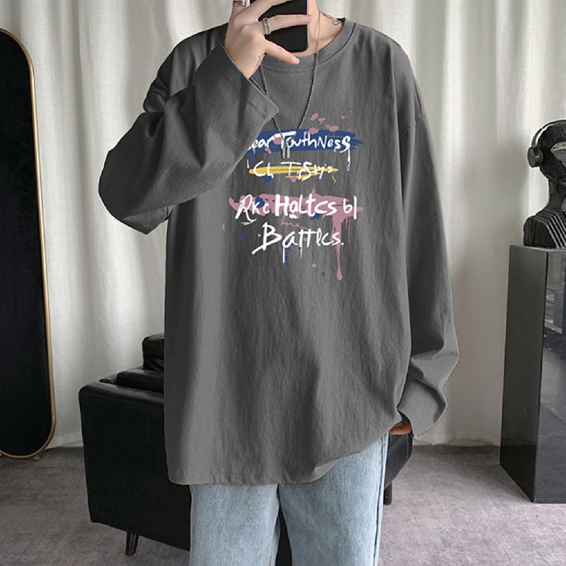 【M-5XL】Áo thun tay dài cổ tròn dáng rộng in chữ thiết kế đơn giản thoải mái thời trang mùa đông Nhật Bản cho nam