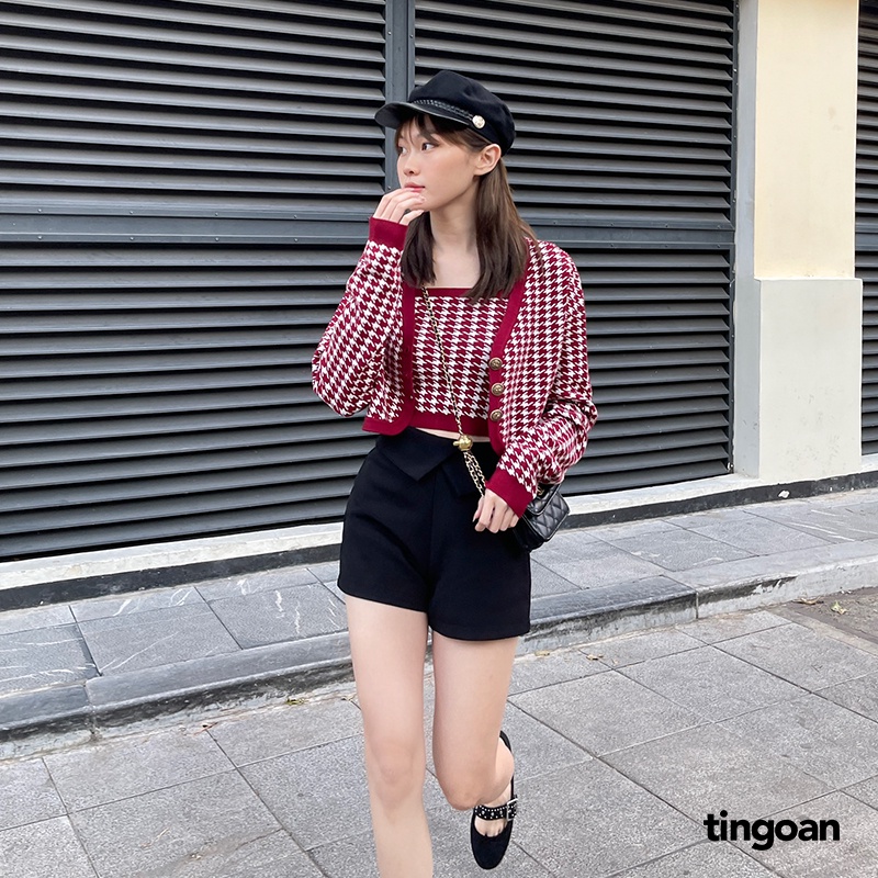 TINGOAN®  - Áo set len xù cardigan lửng tặng kèm áo hai dây kẻ caro đỏ HAPPY MOOD CARDIGAN/DR