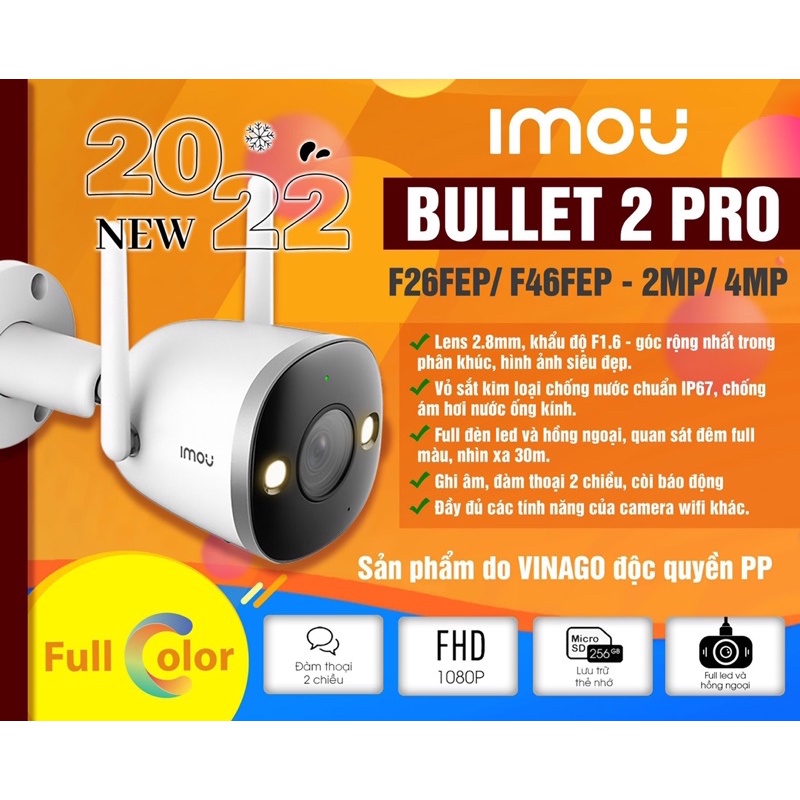 Camera WIFI ngoài trời BULLET 2 PRO cao cấp vỏ sắt, màu đêm, đàm thoại 2 chiều hàng chính hãng