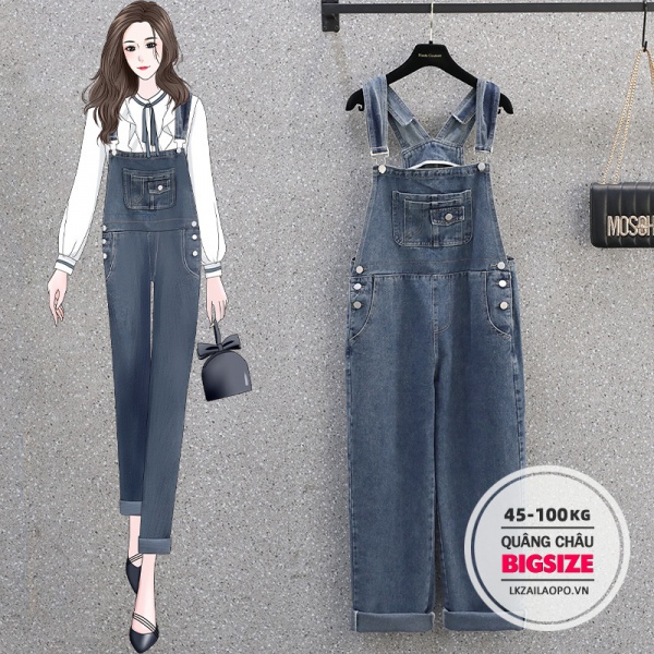 BIGSIZE Nữ (45-100kg) Quần yếm lưng cao dáng rộng thời trang cá tính - quần yếm jeans bò nữ Hàn Quốc cho người mập béo 45-100kg