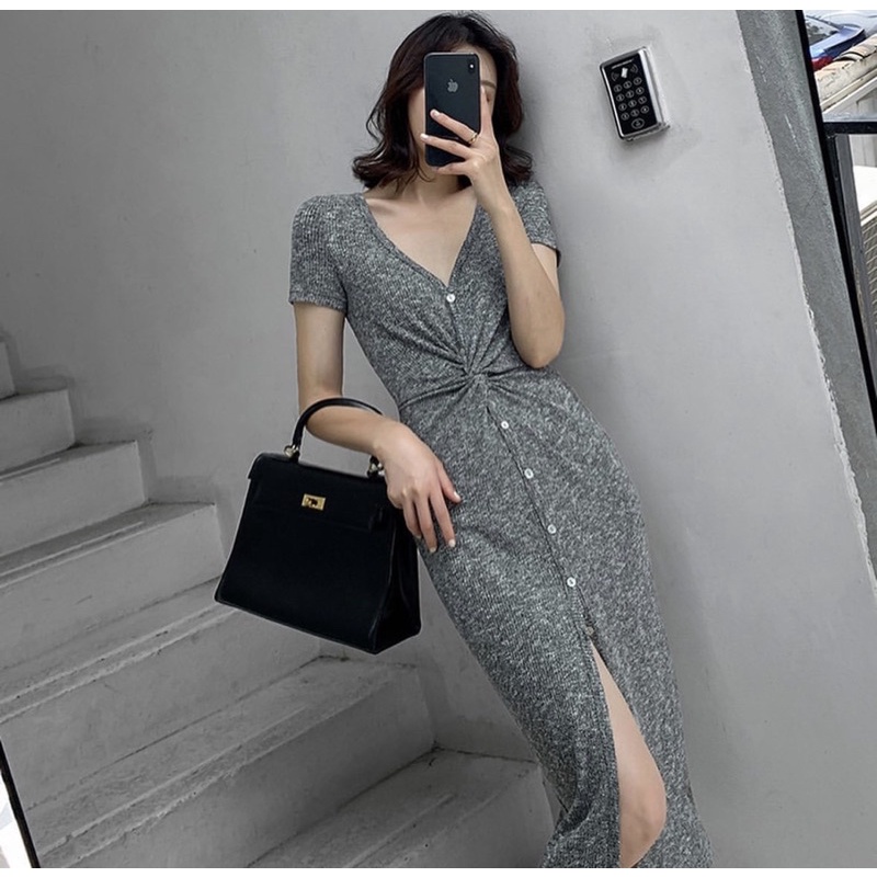 Đầm body nút xoắn eo xà cừ