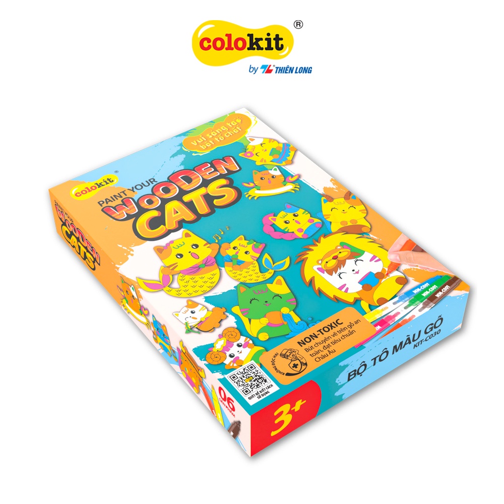 Bộ tranh DIY gỗ tô màu Bé Mèo cute Thiên Long Colokit KIT-C030- Gồm các mô hình gỗ hình con mèo và bộ bút lông màu 2 đầu