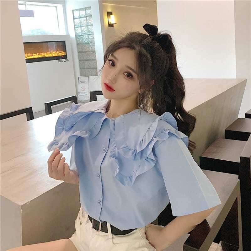 Áo sơ mi babydoll tay ngắn dáng rộng màu trắng trơn phong cách Hàn Quốc thời trang