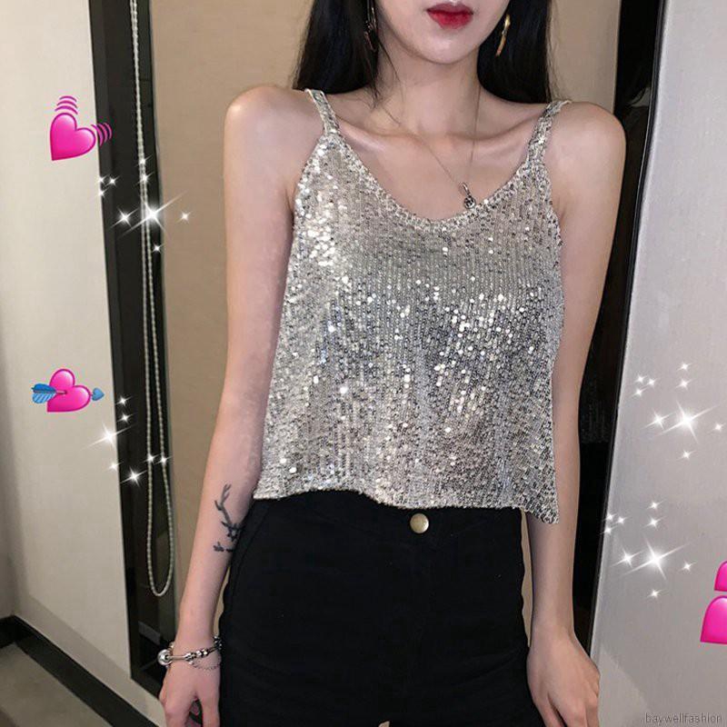 [Baywellfashion]Áo thun cổ tim đính sequin lấp lánh thời trang dành cho nữ