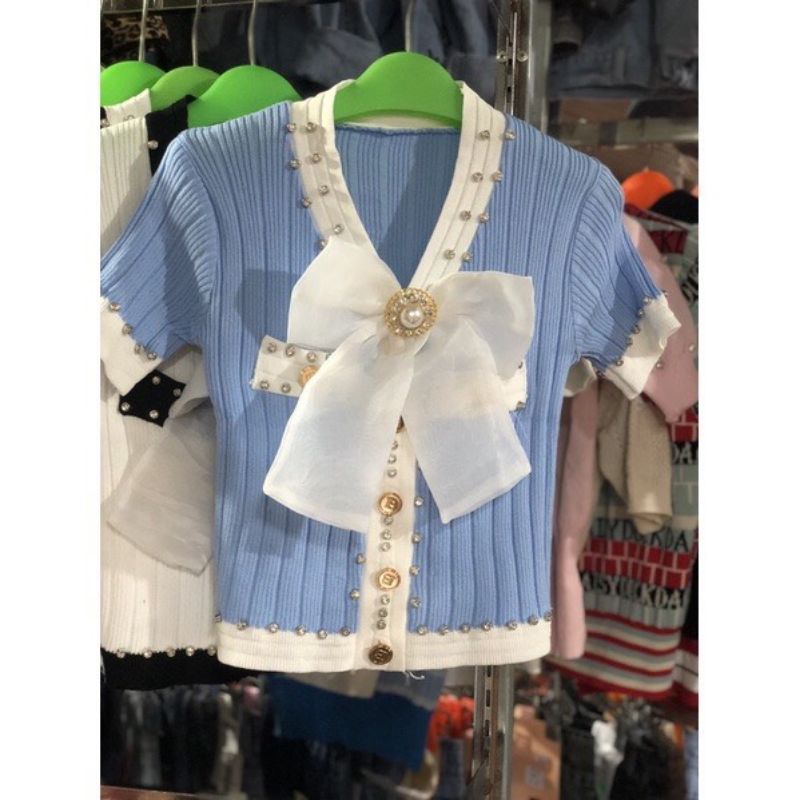 Áo Len nữ cộc tay viền đính đá kèm tag nơ hàng QC