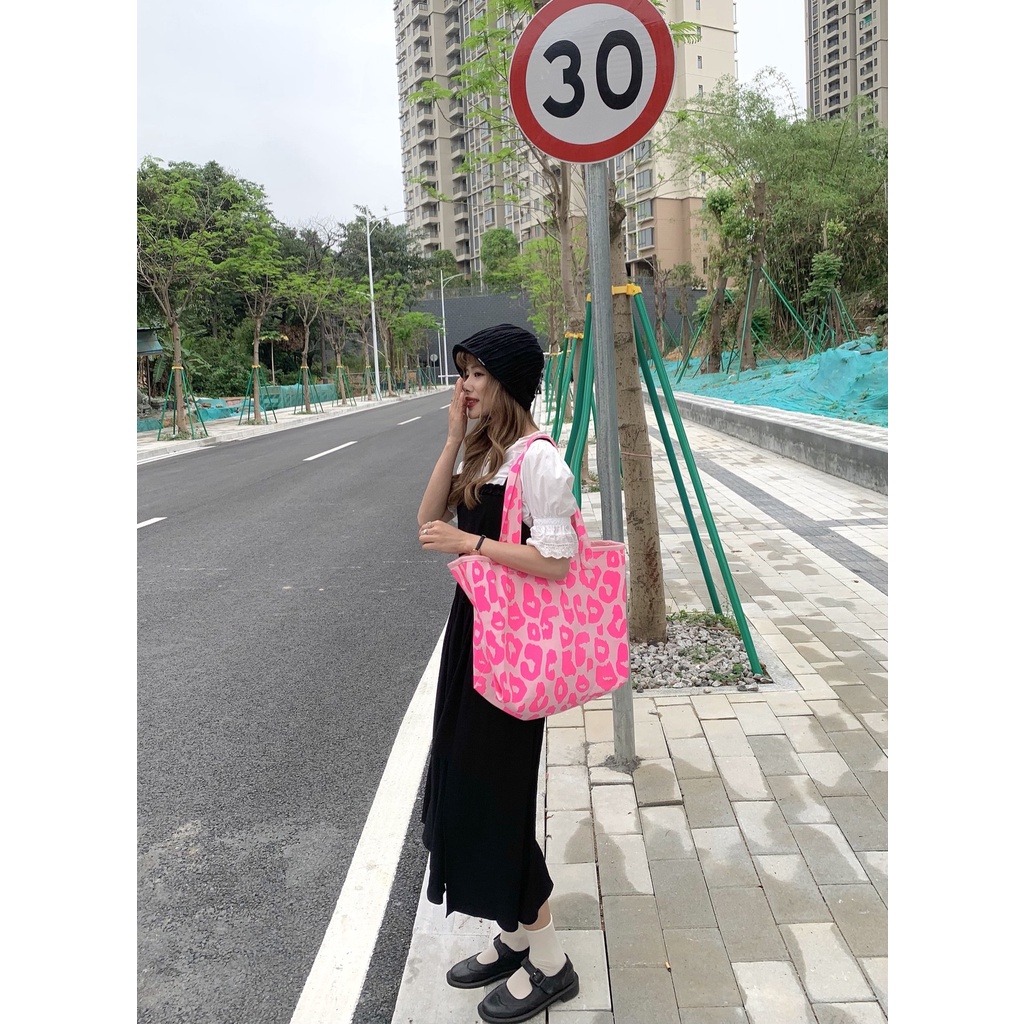 Túi Xách canvas Sức Chứa Lớn In Họa Tiết Da Báo Hồng Phong Cách Hàn Quốc Hàng Mới 2022 Dành Cho Nữ