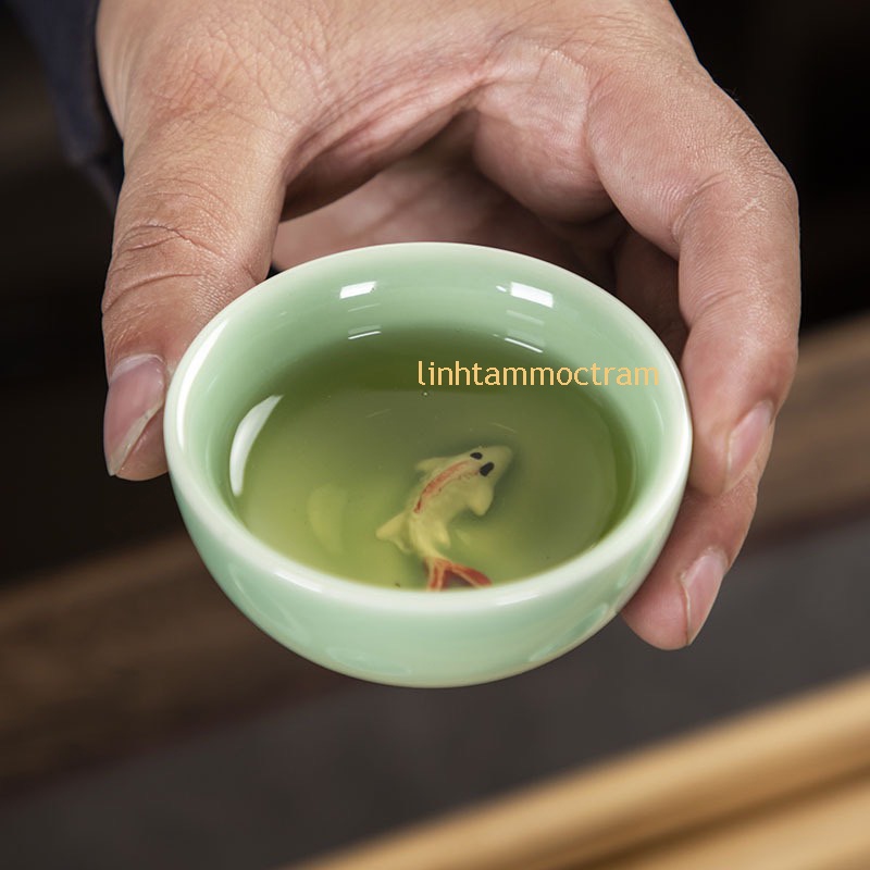 Chén cá chép uống trà men ngọc họa tiết in nổi 3D