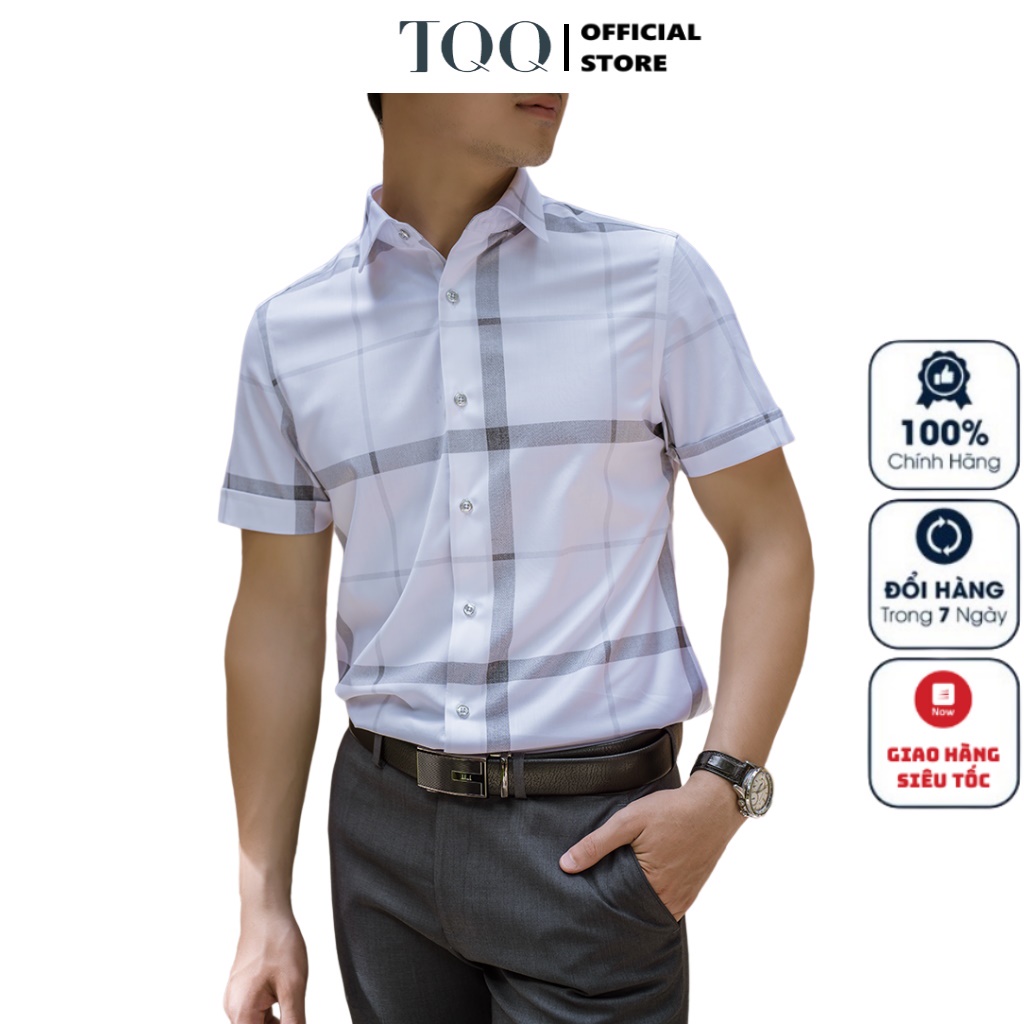 Áo Sơ Mi Nam Ngắn Tay TQQ K424CB Somi Công Sở Cao Cấp Màu Trắng Kẻ Caro Xám Vải Sợi Viscose Dáng Ôm Tà Bằng Không Túi