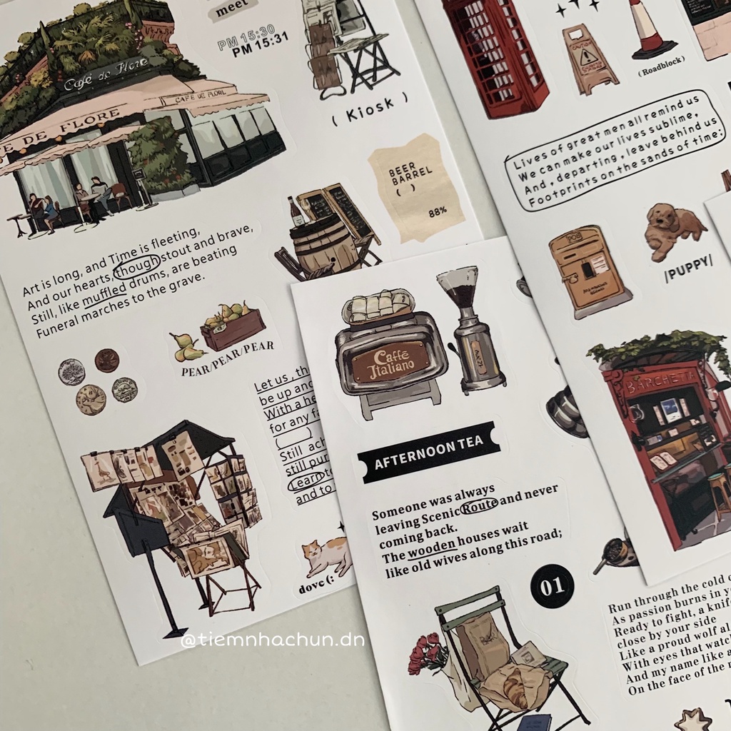 SET 40 STICKER VINTAGE COFFEE SHOP / TRAIN STATION trang trí journal - (ảnh thật) - vintage style - Tiệm nhà Chun