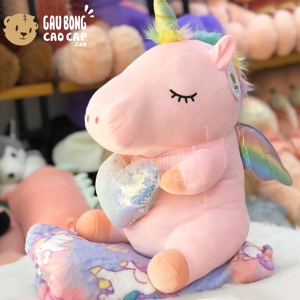 Gối gấu bông kỳ lân Unicorn cánh may mắn SIZE 25CM Ngựa Bông Pony Ôm Tim Cao Cấp