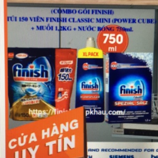 Combo túi 150 viên rửa chén bát Finish + chai nước làm bóng Finish 750 ml +hộp muối rửa chén 1.2kg