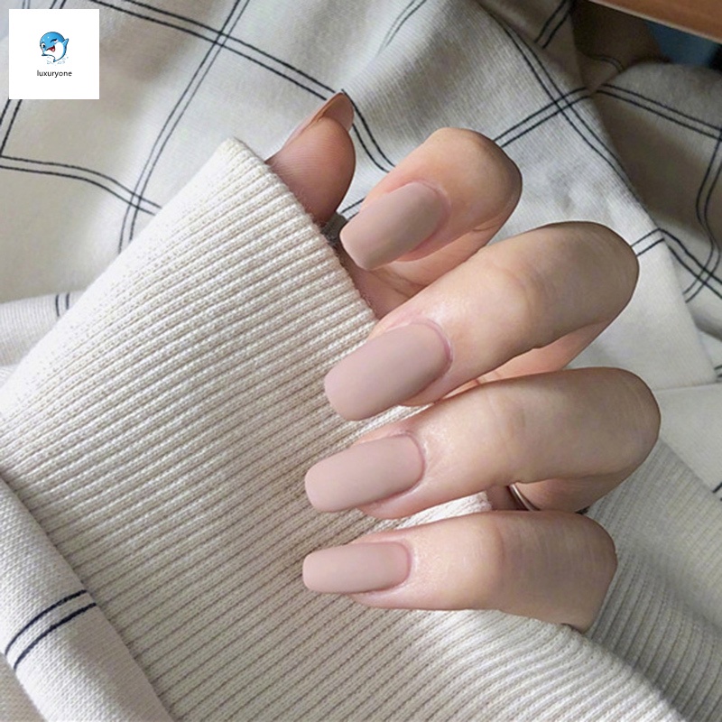 [Hàng mới về] Set 24 móng tay giả màu kaki trơn đầu vuông dài vừa kèm keo dán cho nữ