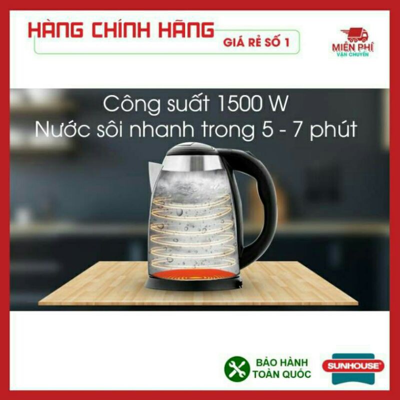 Bình Đun Nước Siêu Tốc INOX 1.8 Lít. Siêu Tốc SUNHOUSE