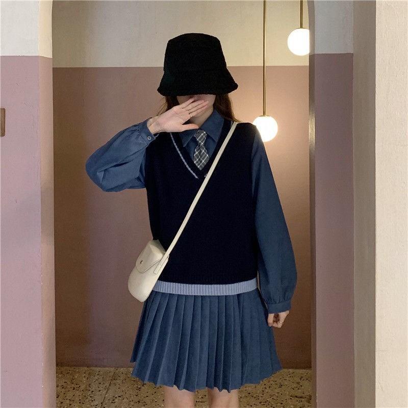 Set đầm tay dài dáng rộng thiết kế kiểu chân váy tennis + cà vạt ca rô + áo ghi lê dáng rộng thời trang