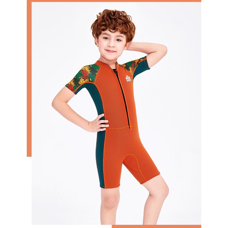 Bộ đồ bơi bé trai giữ nhiệt DIVE &amp; SAIL cao su non dày 2.5mm phối hình lá dây kéo phía trước tiện lợi M150606K
