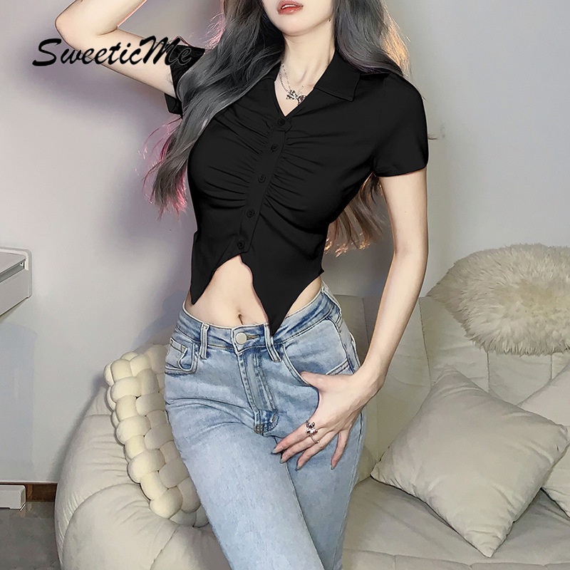 Áo Thun Ôm Tay Ngắn Màu Trơn Cổ Bẻ Thời Trang Hàng Mới Dành Cho Bạn Nữ SweeticMe