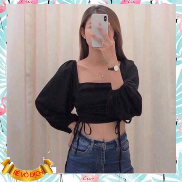 (mới) ÁO CROPTOP TAY DÀI CỘT DÂY 2 BÊN NHIỀU MÀU - CROPTOP RÚT DÂY TAY PHỒNG HỒNG VÀNG XANH ĐEN TRẮNG - CROPTOP TRỄ VAI 