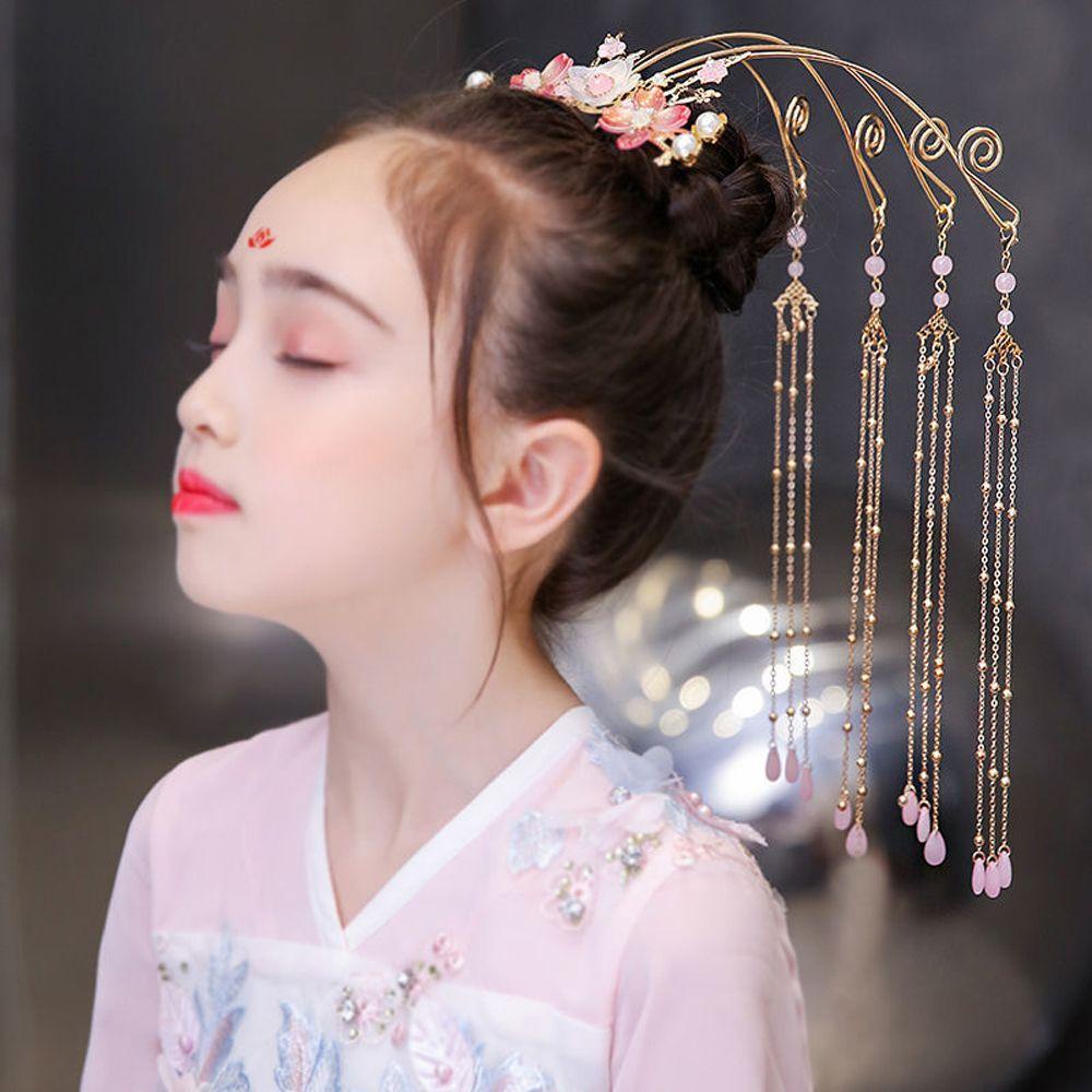 Trâm Cài Tóc Đính Hoa Tua Rua Màu Hồng Phong Cách Trung Hoa Sang Trọng Cho Bé Gái