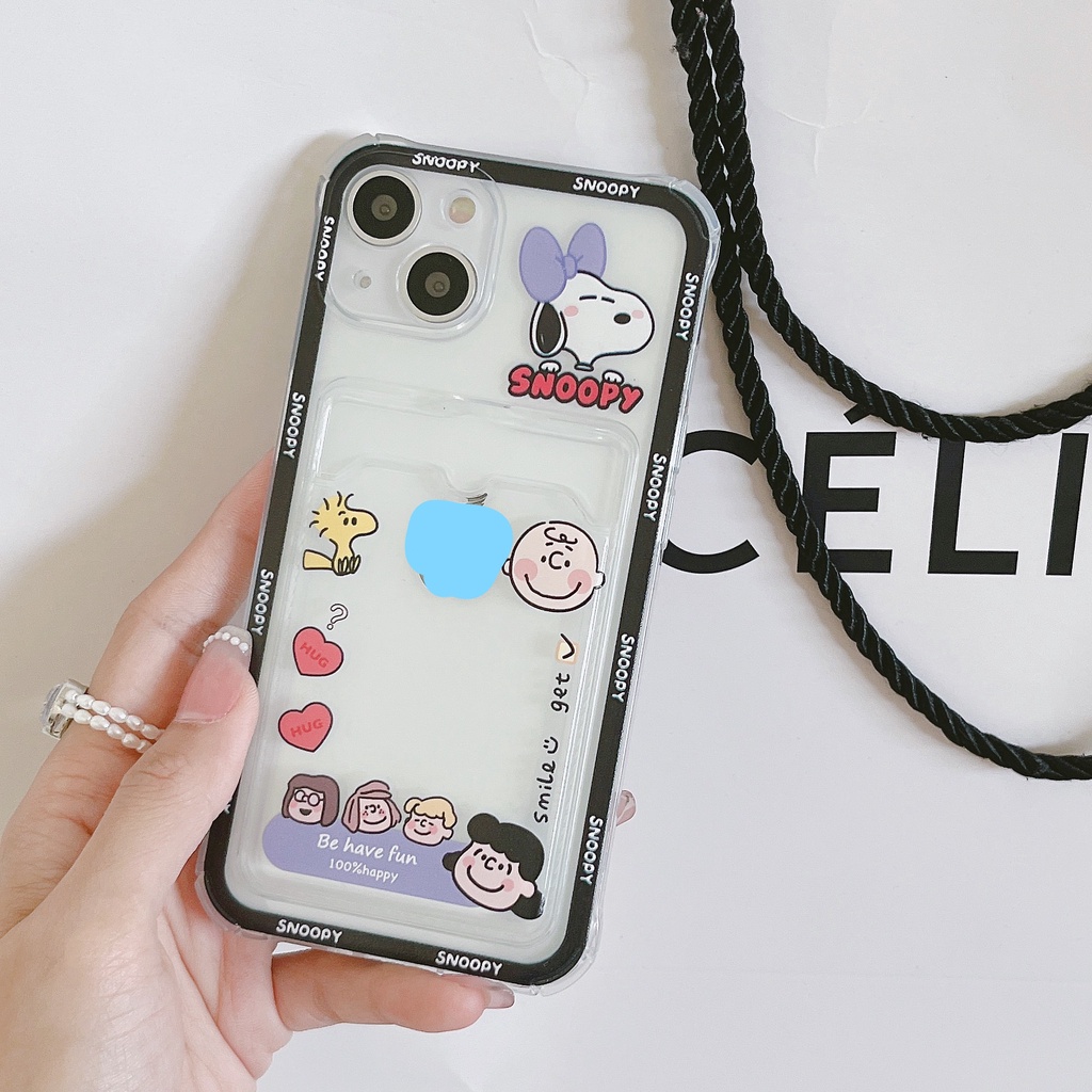 Ốp Điện Thoại Họa Tiết Hoạt Hình Snoopy Kèm Ngăn Đựng Thẻ Chống Sốc Cho iPhone 14 / 13 / 12 / 11 / X / 8 / 7P