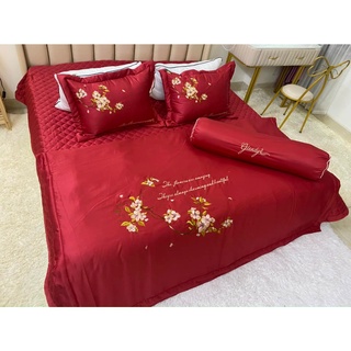 Bộ chăn ga gối nệm lụa tencel 60s họa tiết thêu hoa đào