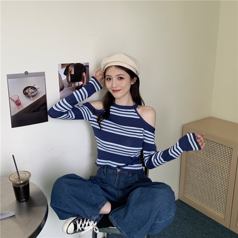 Áo kiểu IELGY tay dài thiết kế hở vai họa tiết kẻ sọc thời trang đơn giản dành cho nữ