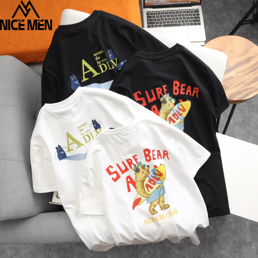 Áo Phông Nam Nữ Form Rộng Unisex Surfing Bear Short Sleeve T-Shirt Màu Đen Trắng Oversize NICEMEN
