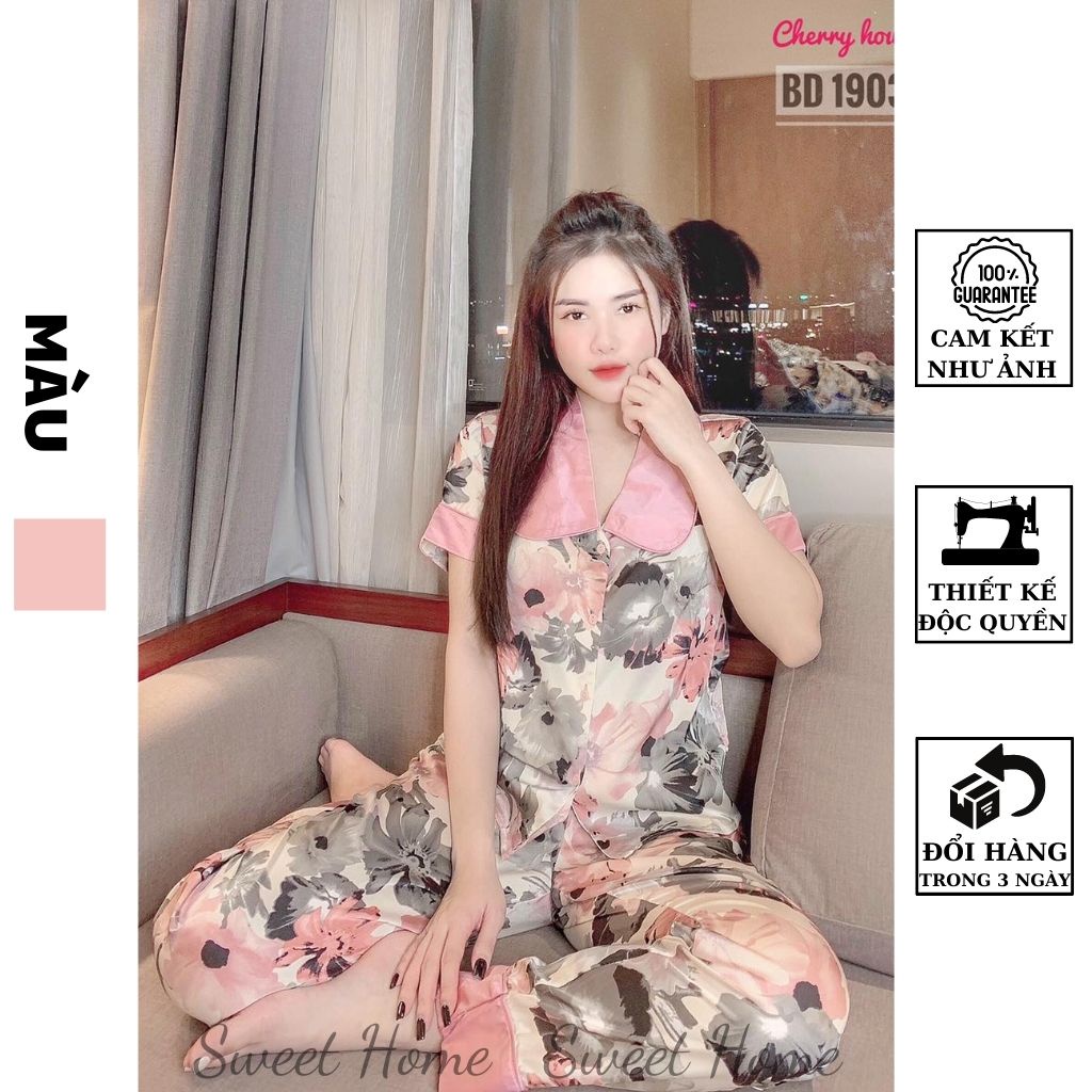 Bộ Đồ Nữ Pijama Mặc Nhà Lụa Hàn Tay Cộc Quần Dài Phối Cổ Sen Hồng C01 SWEETHOME