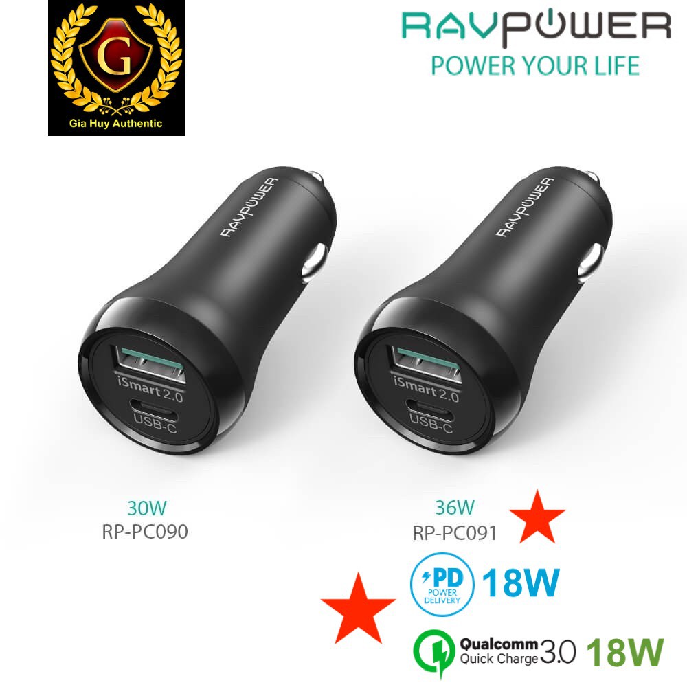 Tẩu sạc ôtô cho iPhone, iPad, S10 RAVPOWER RP-PC091 36W - 02 cổng (PD 18W &amp; QC 3.0 18W)