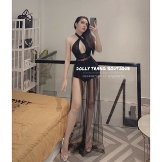 Đầm maxi lưới phối ren cổ chéo