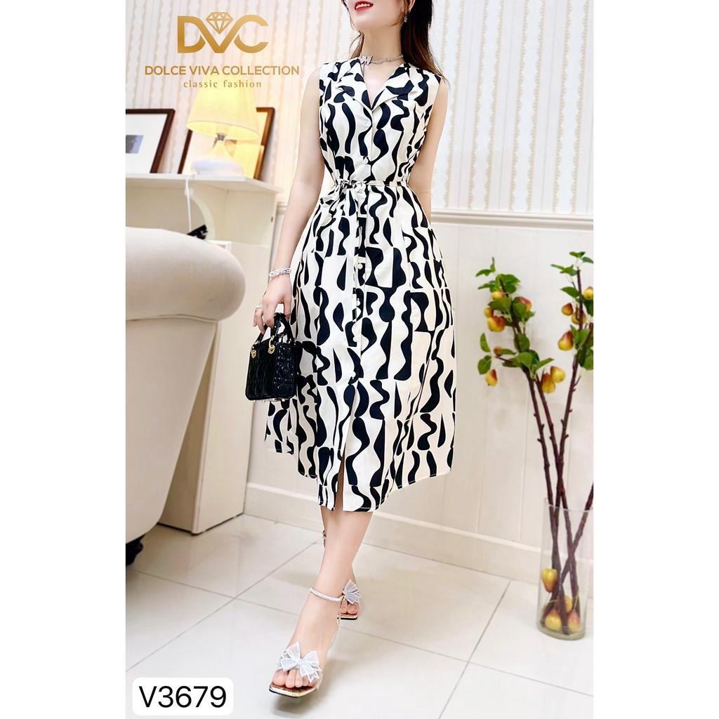 VÁY HỌA TIẾT ĐEN TRẮNG CỔ BẺ KÈM ĐAI THỜI TRANG V3679 - DVC