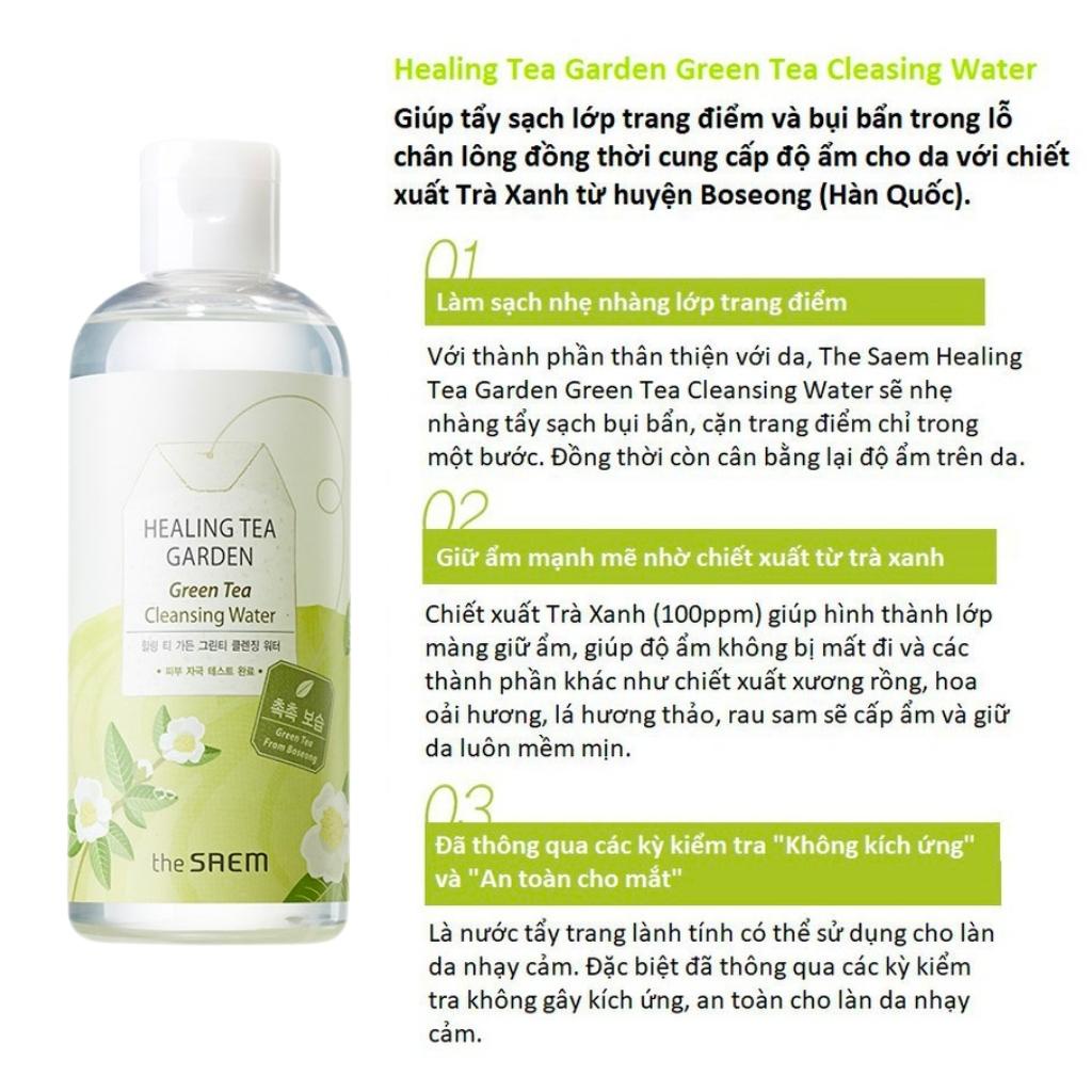 Nước Tẩy Trang Sạch Nhờn, Se Khít Lỗ Chân Lông Trà Xanh The Saem Healing Tea Garden Green Tea Cleansing Water 300ml