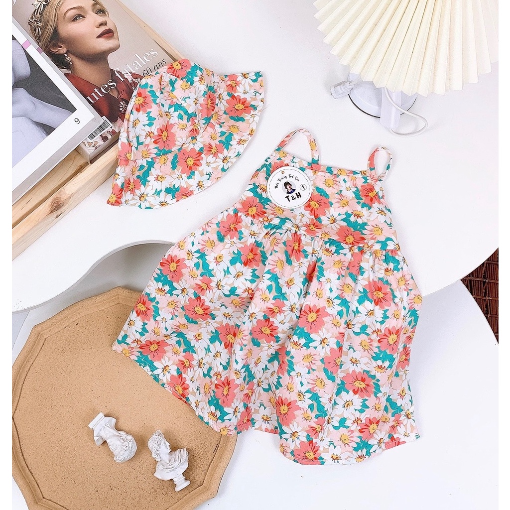 Váy bé gái 2 dây hoa nhí kèm mũ đội đầu XHN944