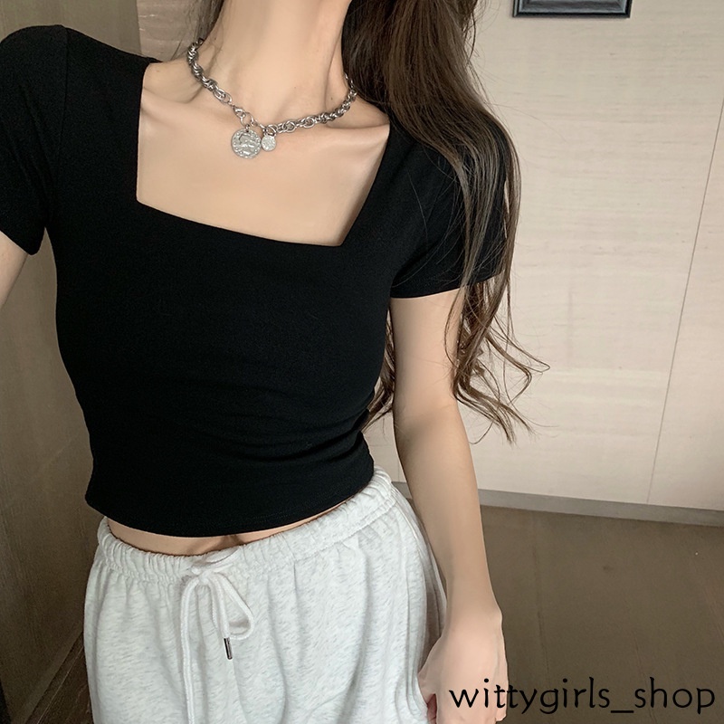 Wittygirls_ Shop | Áo Thun Lửng Ngắn Tay Cổ Vuông Lưng Cao Thời Trang Nữ