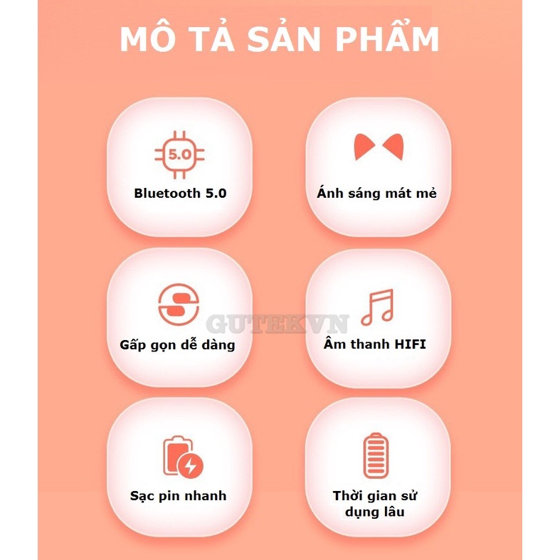 Tai nghe bluetooth chụp tai không dây tai mèo đèn led 7 màu Gutek B30 có mic chống ồn tốt