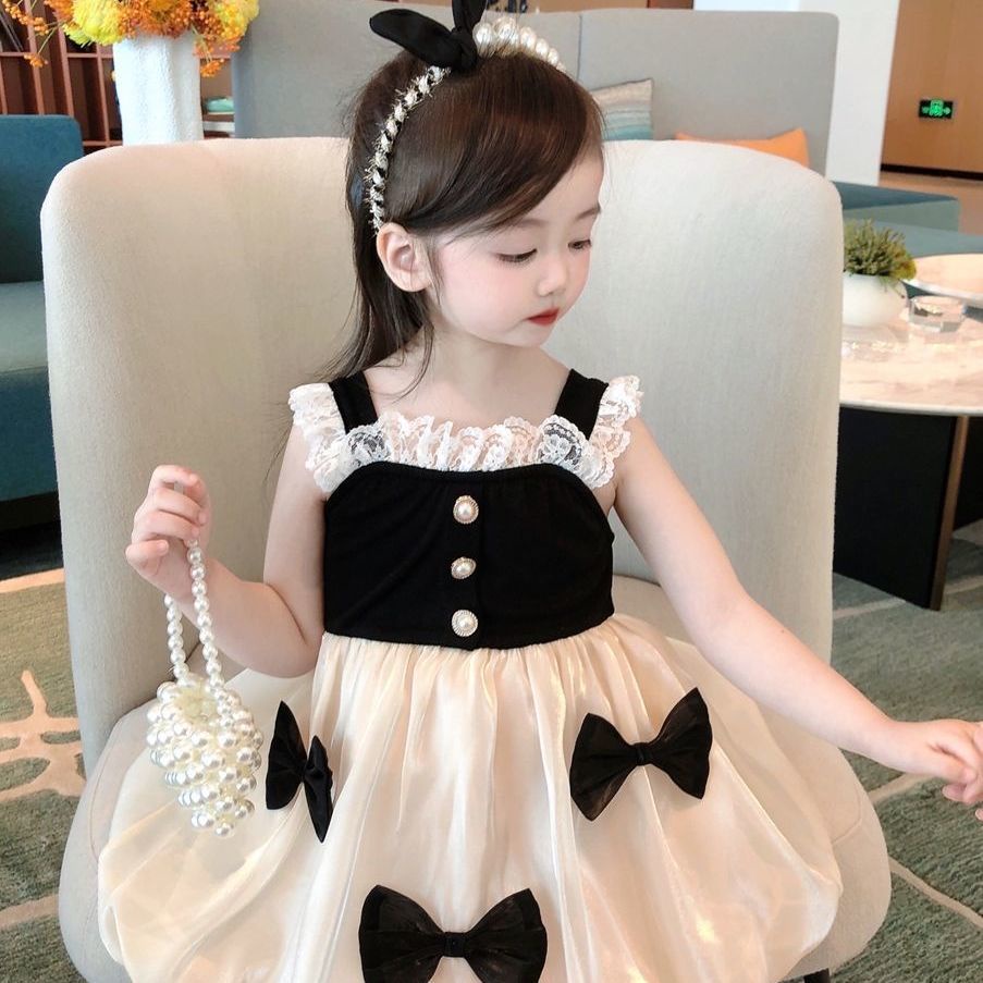 Đầm Công Chúa Hai Dây Thắt Nơ Dễ Thương Thời Trang Mùa Hè Phong Cách Hàn Quốc Cho Bé Gái