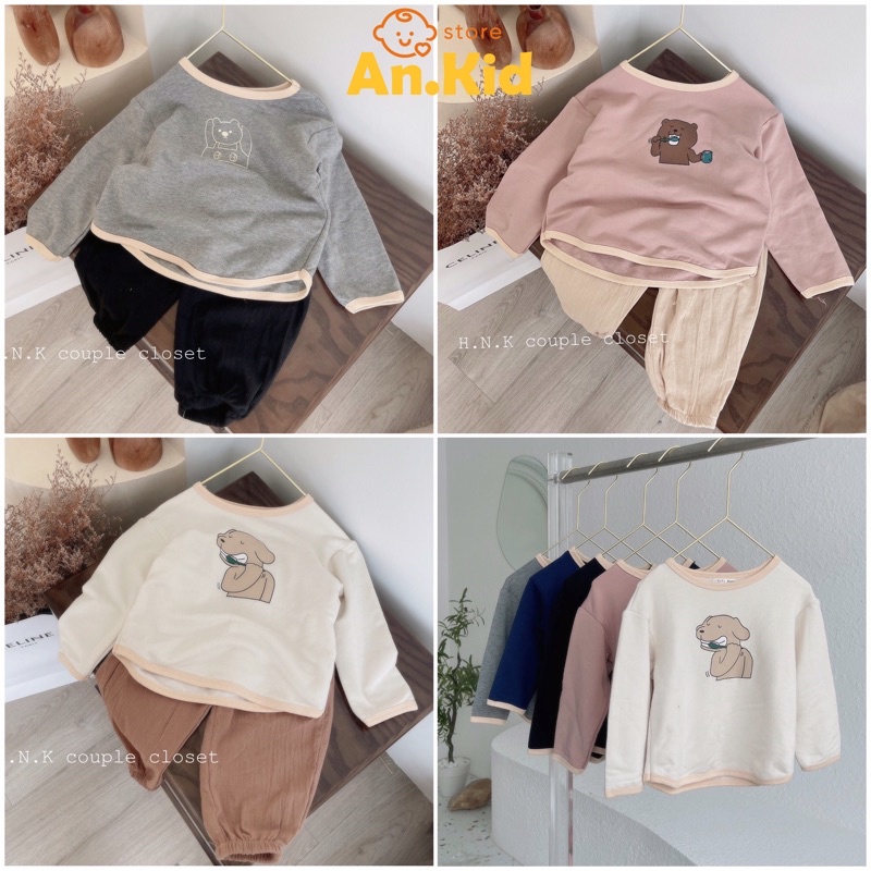 Bộ Đồ Dài Tay Bé Trai, Bé Gái 8-18kg Chất Cotton - Nỉ Mịn Áo Chạy Viền Phối Quần Đũi Hoạ Tiết In Gấu - AN.KID