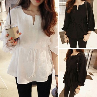 [Baywellfashion]Áo sơ mi tay lửng ống loe thắt eo thời trang cho nữ