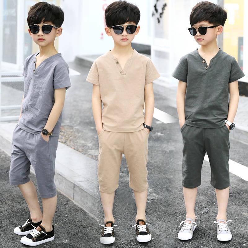 Bộ đồ bé trai cộc tay vải đũi quần lửng cho trẻ mặc đi chơi, đi học, ở nhà 10-42kg, 1-14 tuổi