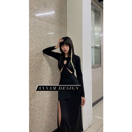Váy xẻ tà dài thun đen cut out ngực Annam Design