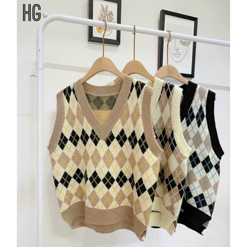 Áo Gile Len Hoạ Tiết Kẻ Trám DALYN Phối Áo Sơ Mi, Áo Len Gile Thổ Cẩm Hottrend | BigBuy360 - bigbuy360.vn