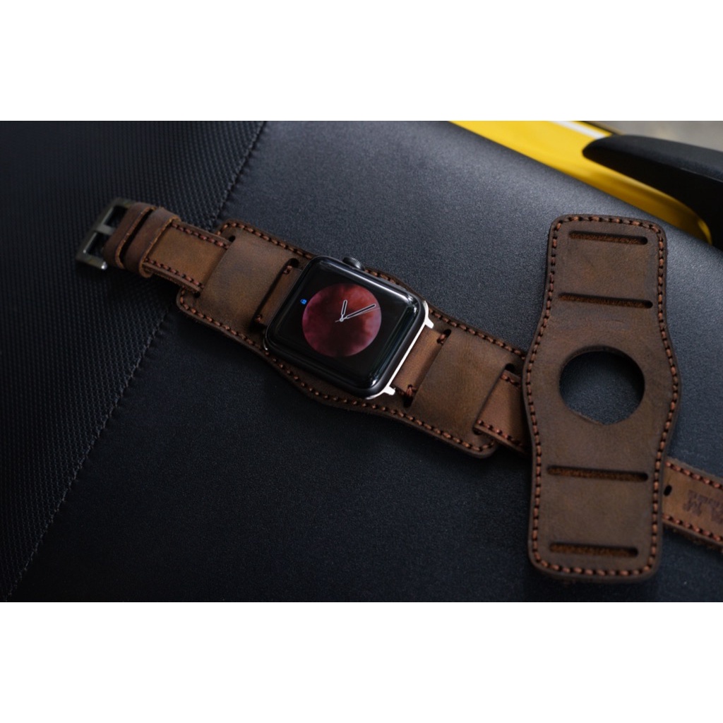 Dây Apple Watch , iWatch , iphone Watch da bò nâu đất kèm tấm đệm chống mồ hôi RAM Leather Bundstrap b2 kiểu quân đội