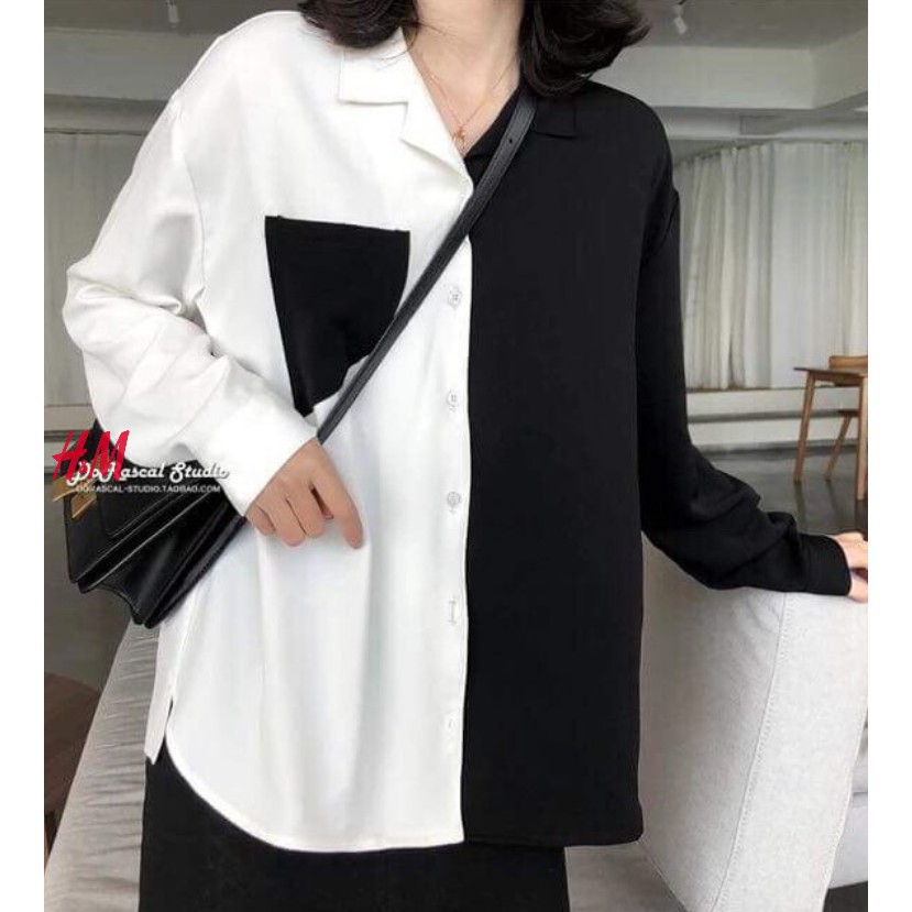 Áo sơ mi phối thân đen trắng (kèm ảnh thật )
