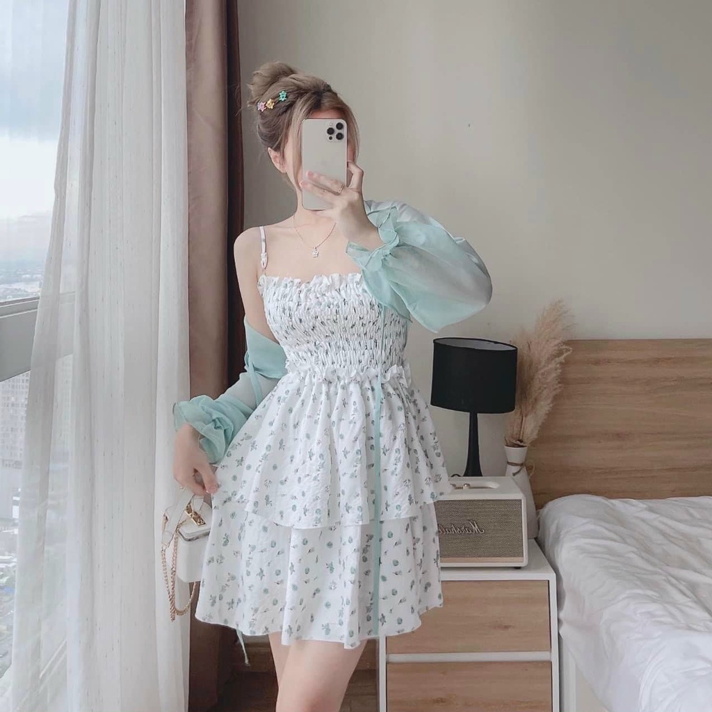 Đầm xinh dạo phố 2 dây in họa tiết kèm áo khoác voan tiểu thư điệu đà sang chảnh thời trang váy nữ [XM Minh Phúc]