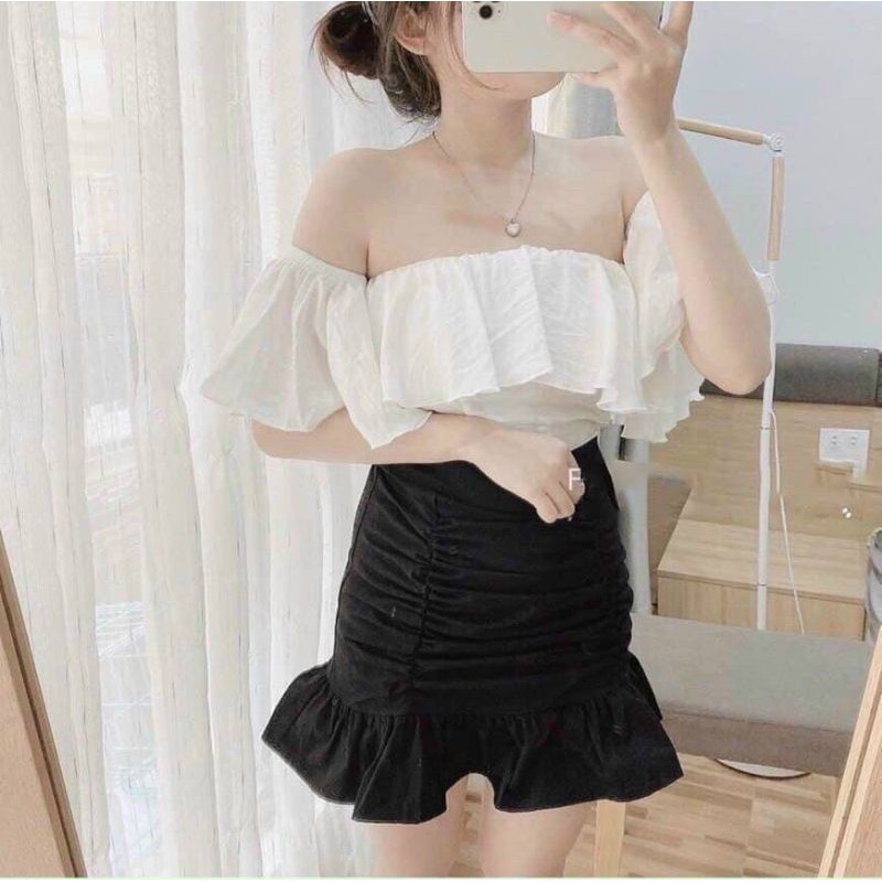 🍃sét áo trễ vai nhún bèo 2 lớp & váy nhún