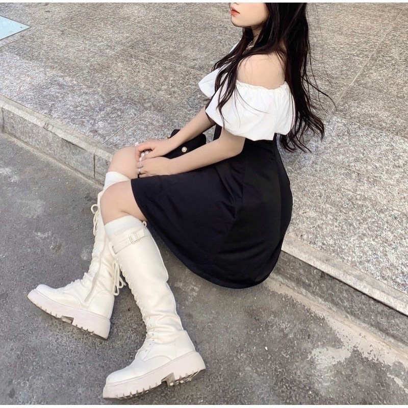 Váy Trễ Vai Màu Đen Bèo Vai Trắng Khoá Sườn Cực Xinh Tôn Dáng