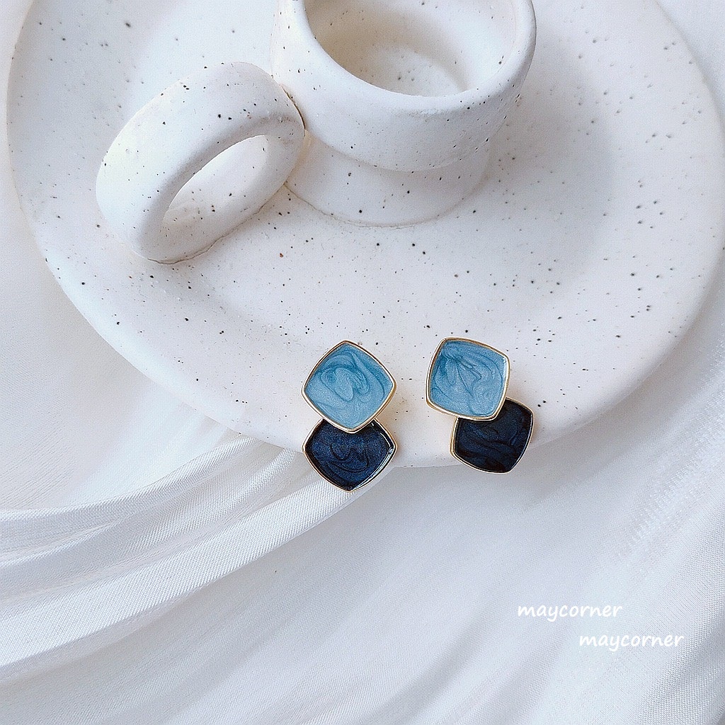 Khuyên tai hình học vân đá xanh dương mạ bạc 925 cao cấp sáng B501